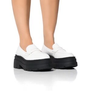Azalea Wang Pax White Platform Loafers Chunky Black Lug Sole Penny Loafers Sz 10